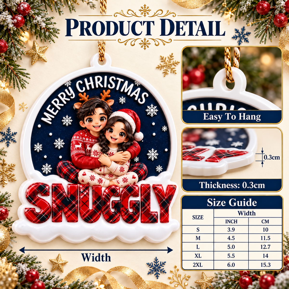Merry Christmas Couple Hugging in Winter Pajamas Hanging Keepsake - 3D Relief Ornament