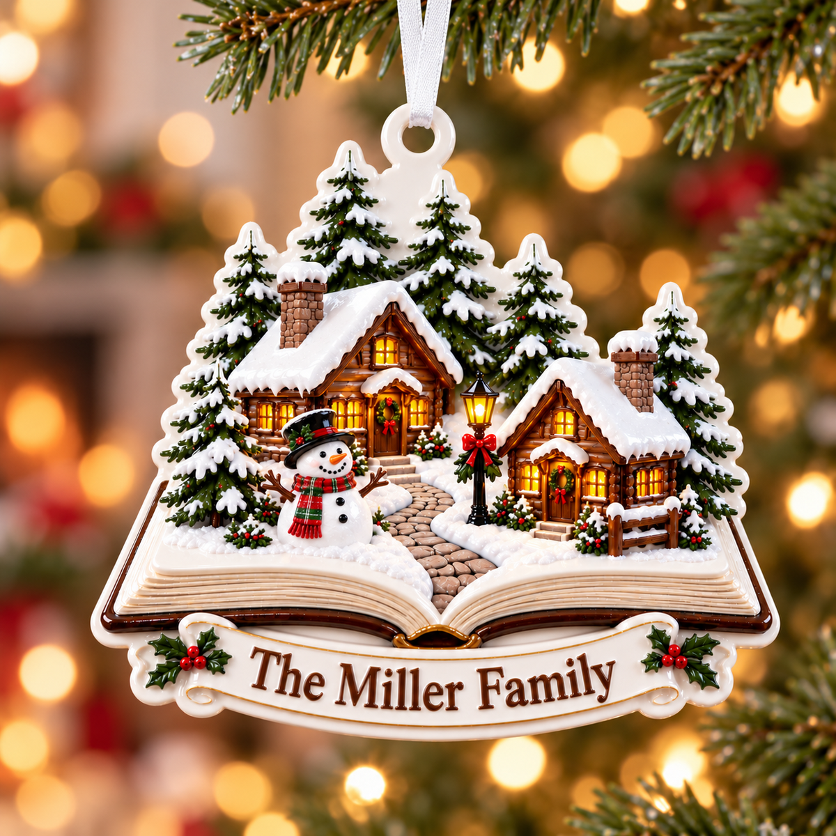 Storybook Winter Village Snowman Cabin Holiday Tree Decor - 3D Relief Ornament
