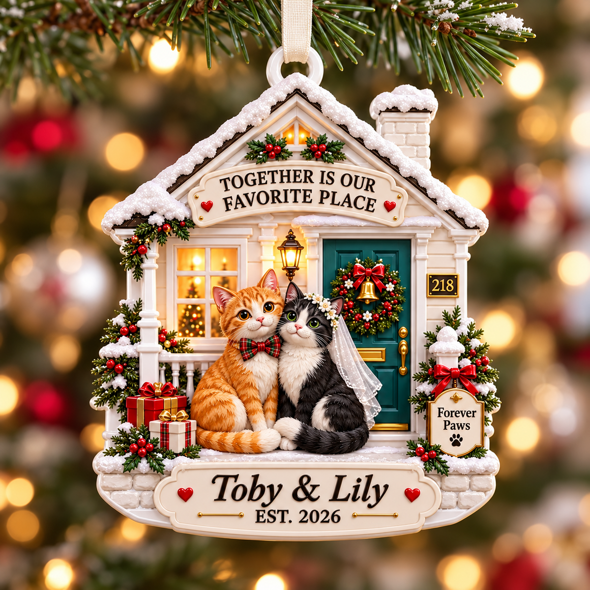 Cat Couple Winter Cottage Holiday Keepsake Plaque - 3D Relief Ornament