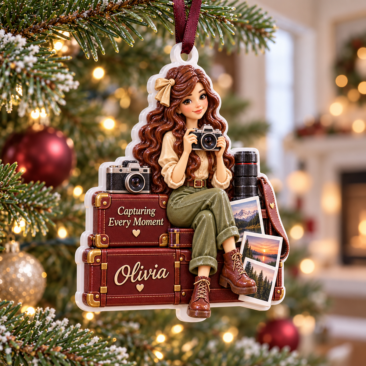 Travel Girl Photographer with Vintage Luggage Acrylic Christmas Hanging Keepsake - 3D Relief Ornament