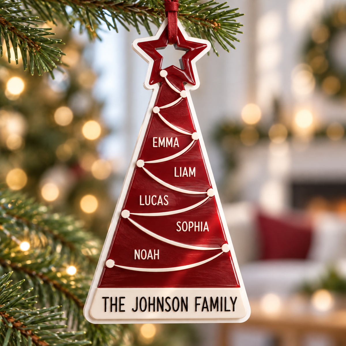 Family Christmas Tree Holiday Hanging Decoration, Red and White Star - 3D Relief Ornament