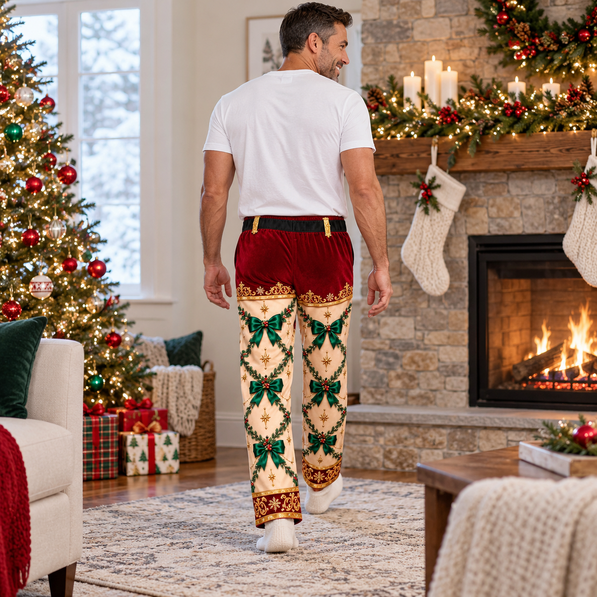 Christmas Holiday Print Trousers Casual Elastic Waist Pants