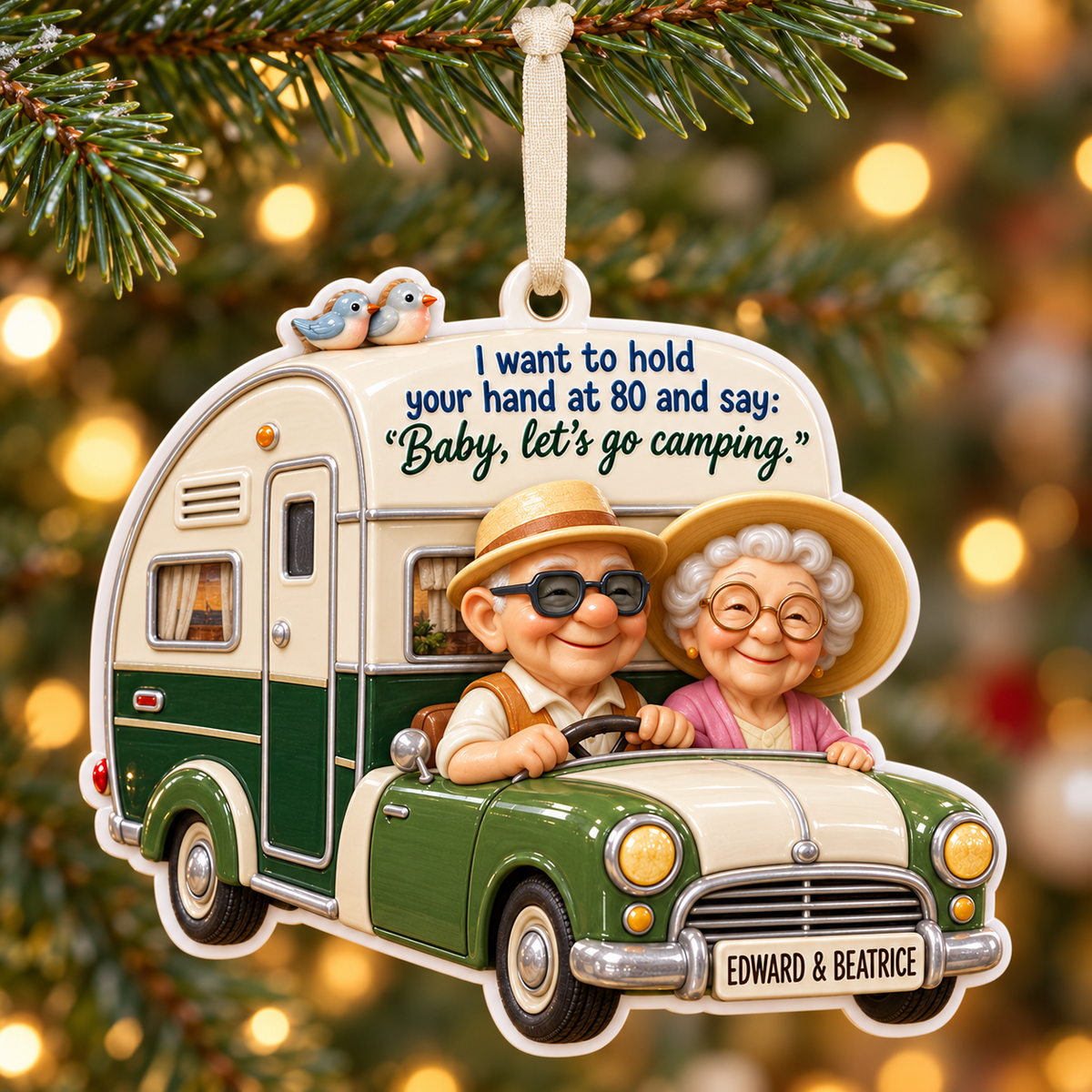 Elderly Couple Camping Car and Caravan Hanging Keepsake - 3D Relief Ornament