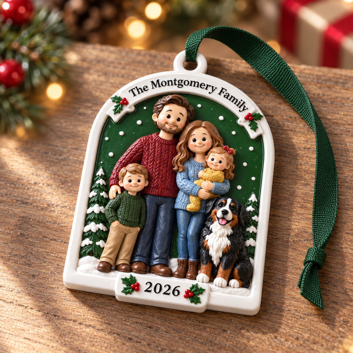 Family of 4 with Pet Dog Christmas Tree Hanging Plaque, Arched Ceramic Holiday Keepsake - 3D Relief Ornament