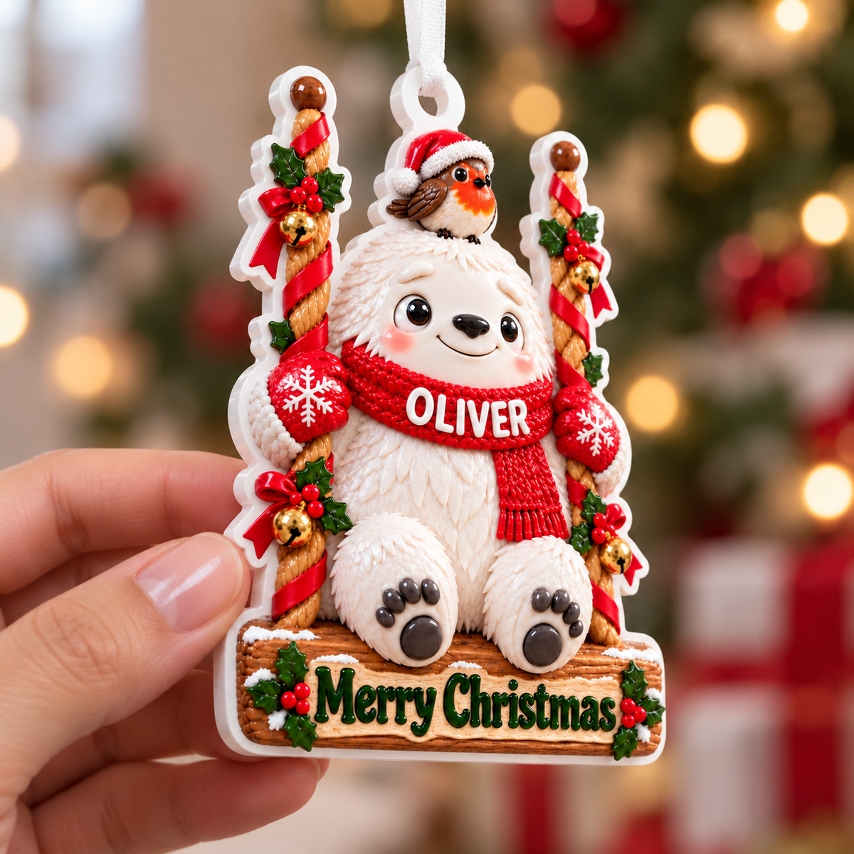 Winter Yeti on Swing with Robin and Holly Christmas Tree Hanging Keepsake - 3D Relief Ornament
