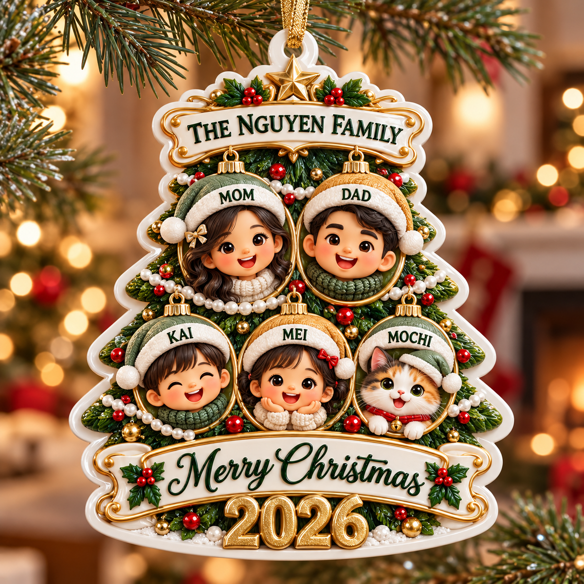 Christmas Tree Family of 5 with Pet Bauble Holiday Tree Hanging Keepsake - 3D Relief Ornament