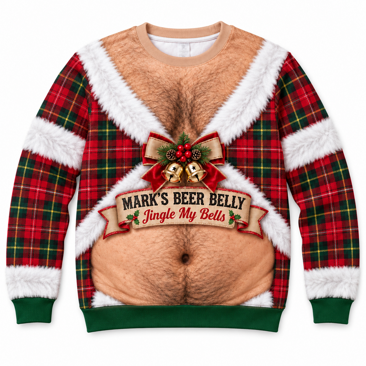 Funny Christmas Sweatshirt Hairy Chest Beer Belly Plaid Pullover