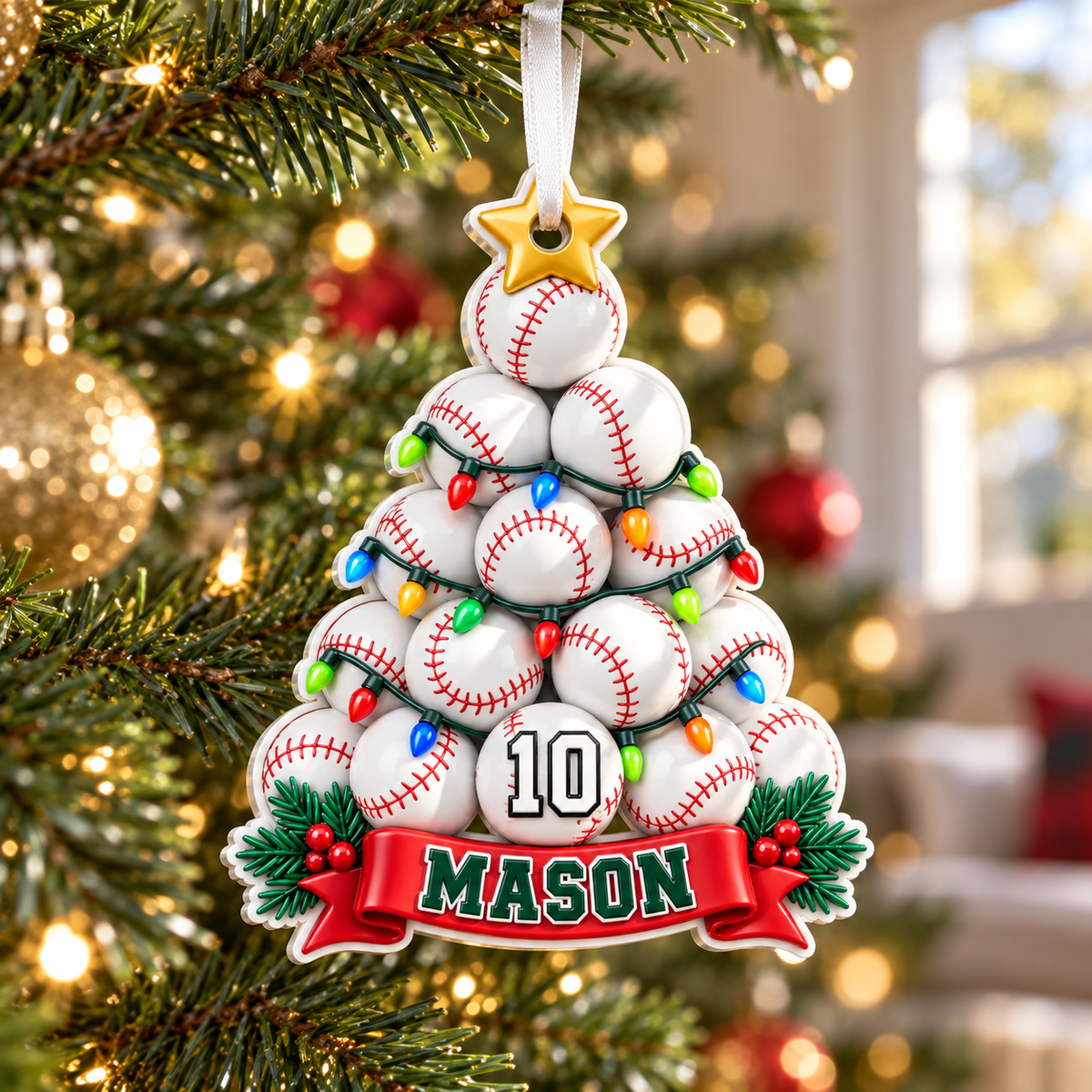 Baseball Christmas Tree Holiday Decor with Star Topper and Festive Lights - 3D Relief Ornament