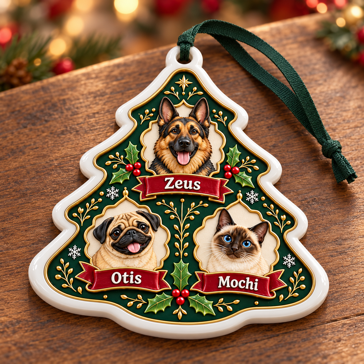 Christmas Tree Shaped Multi Pet Dog and Cat Ceramic Plaque - 3D Relief Ornament