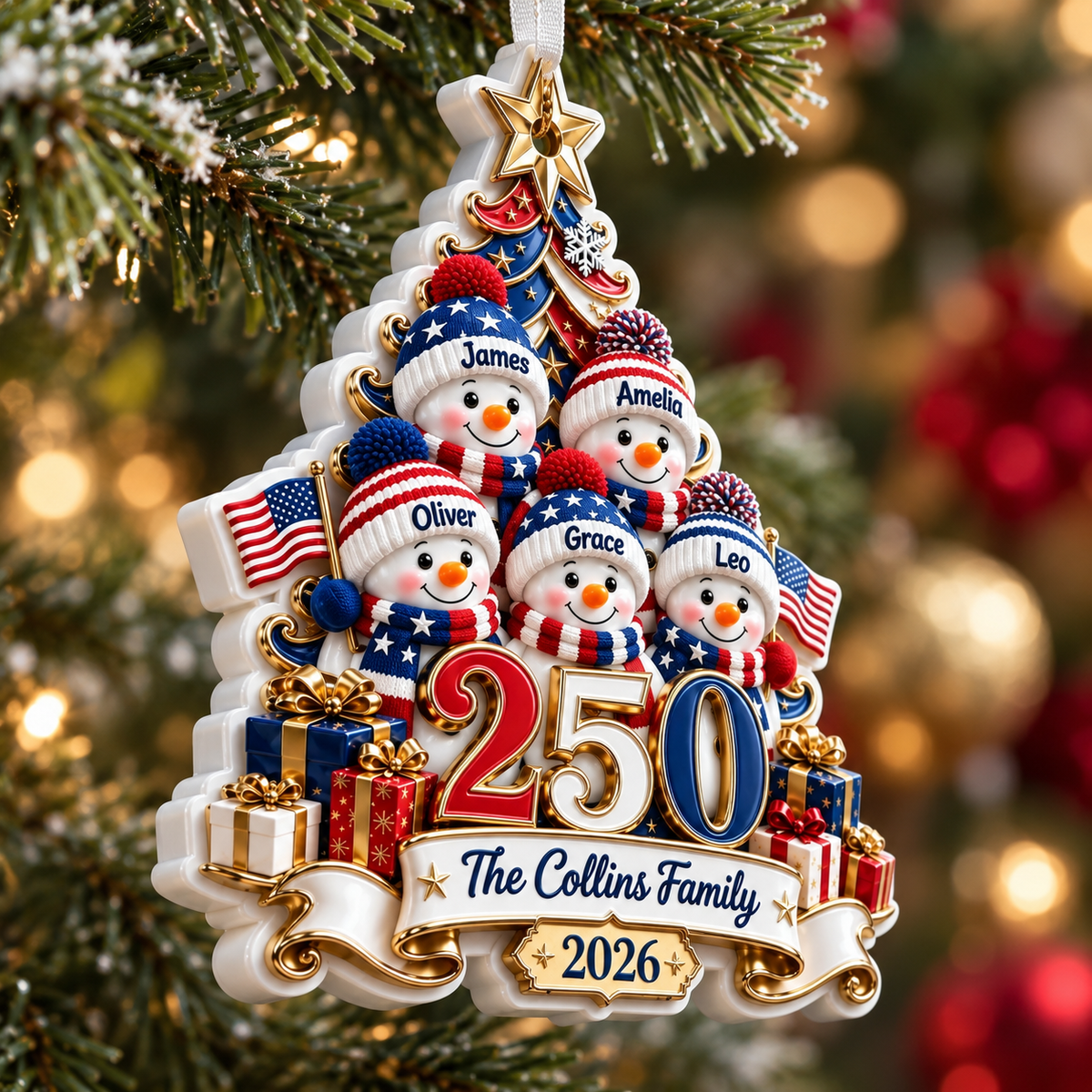 Patriotic USA 250 Snowman Family Christmas Tree Holiday Decor - 3D Relief Ornament