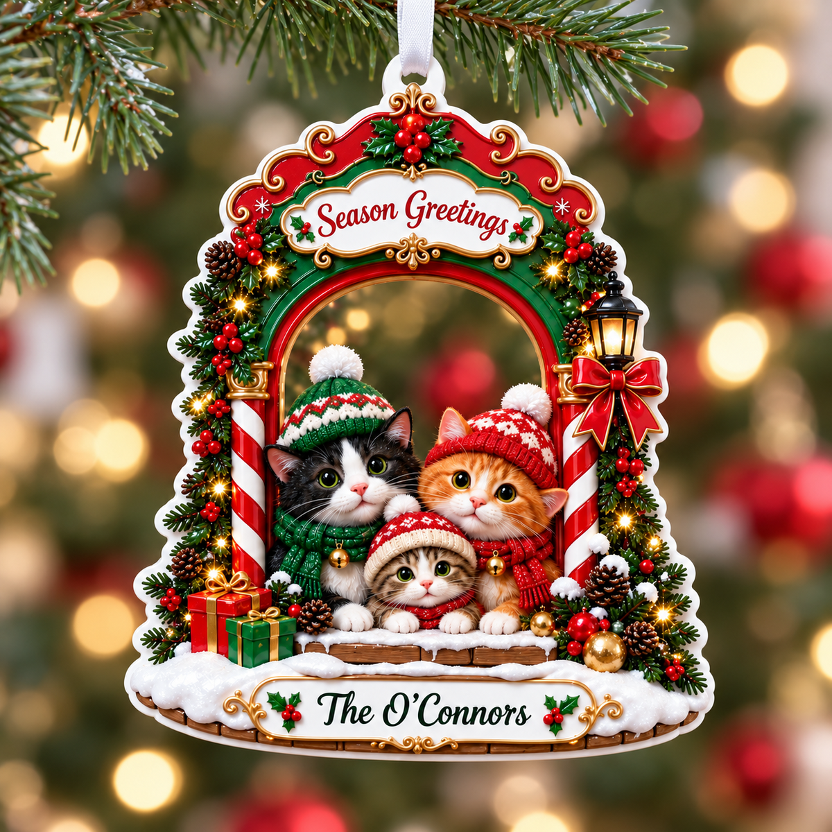 Winter Kitten Family Arch Christmas Holiday Decoration - 3D Relief Ornament