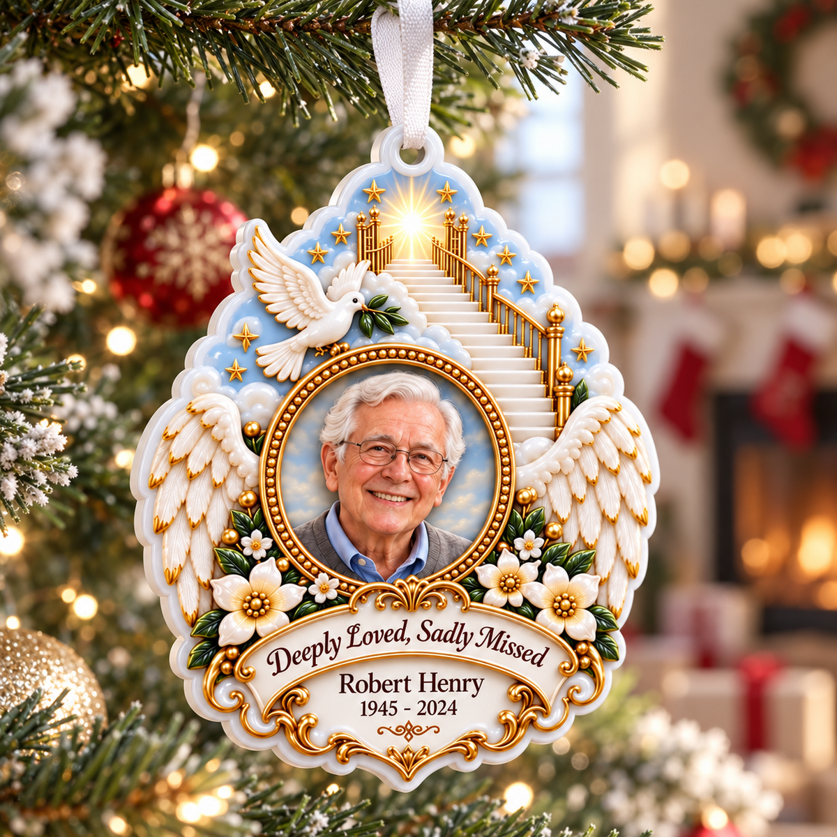 Memorial Stairway to Heaven Keepsake with Angel Wings and Dove - 3D Relief Ornament