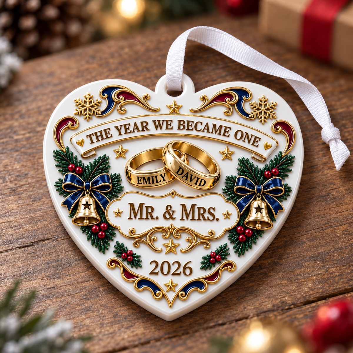 Heart Wedding Keepsake with Rings and Bells for Christmas Tree Decor - 3D Relief Ornament