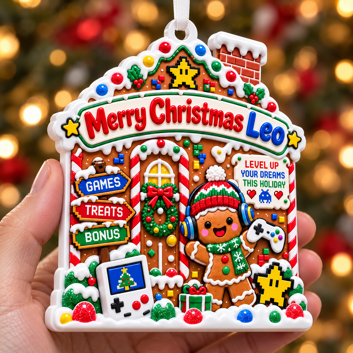 Gamer Gingerbread House Holiday Hanging Decoration - 3D Relief Ornament