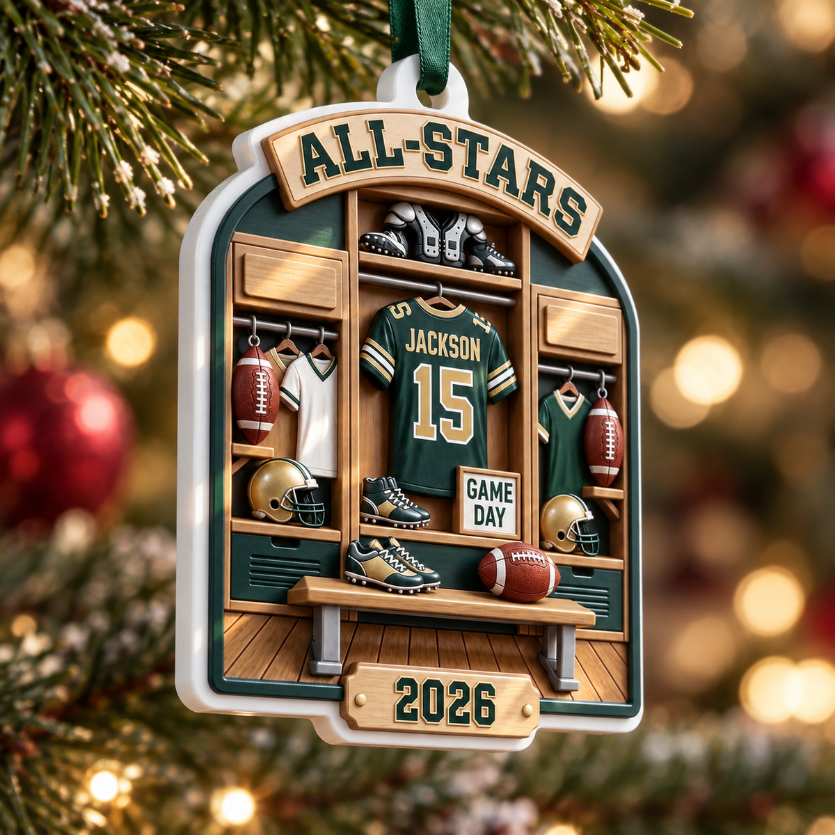 Football Locker Room Holiday Keepsake, Green and Gold Sports Gear Design - 3D Relief Ornament