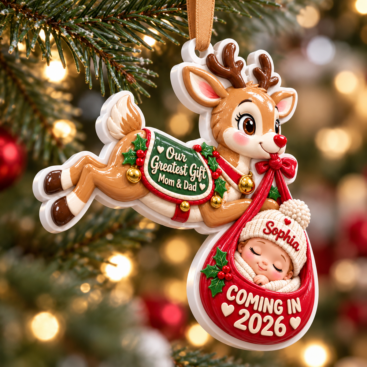 Flying Reindeer Baby Delivery Pregnancy Announcement Keepsake - 3D Relief Ornament