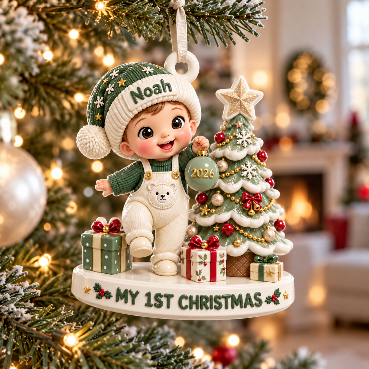 Baby Boy First Christmas Tree Scene Polyresin Figurine Keepsake - 3D Relief Ornament