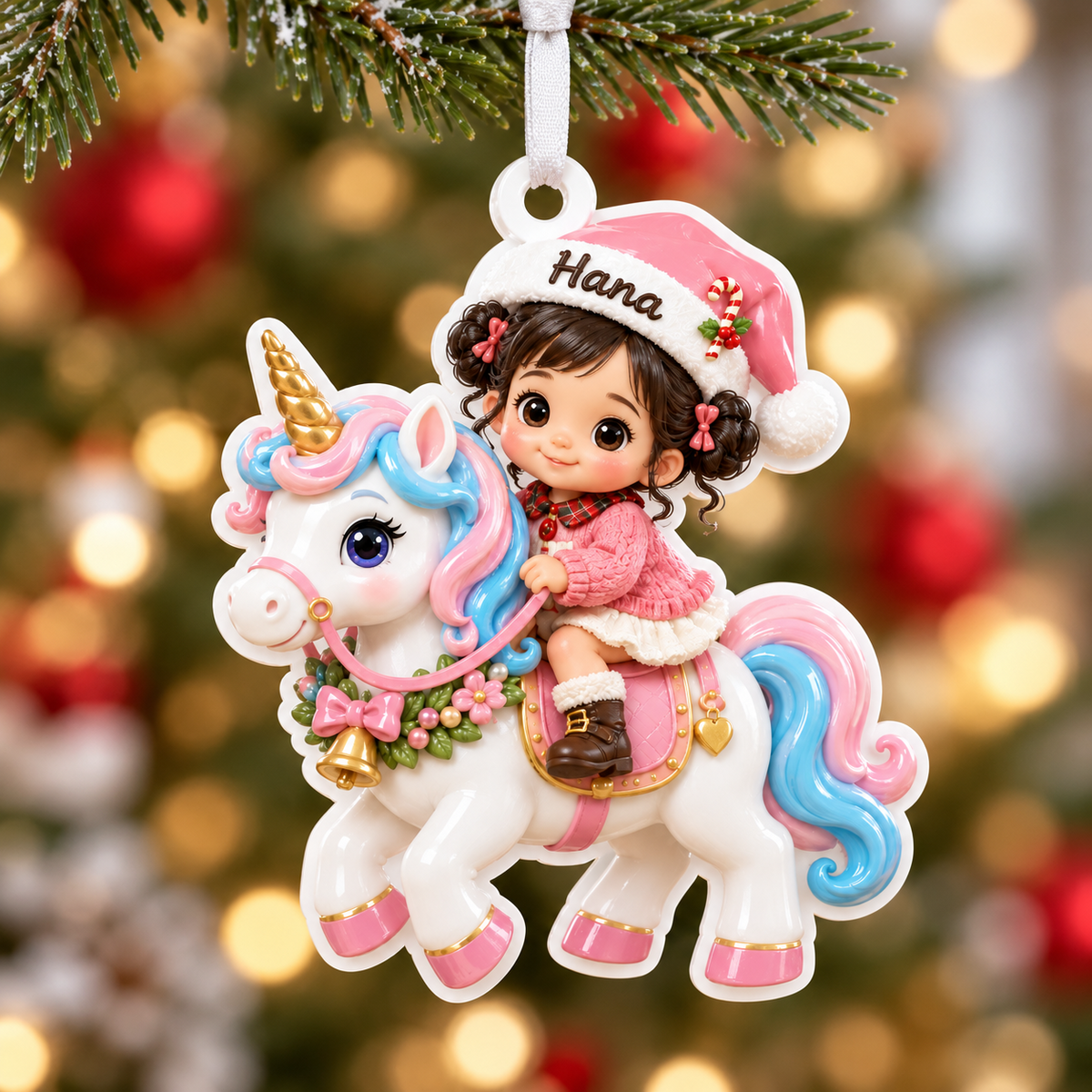 Little Girl in Pink Santa Hat Riding Unicorn Acrylic Christmas Tree Hanging Decor - 3D Relief Ornament