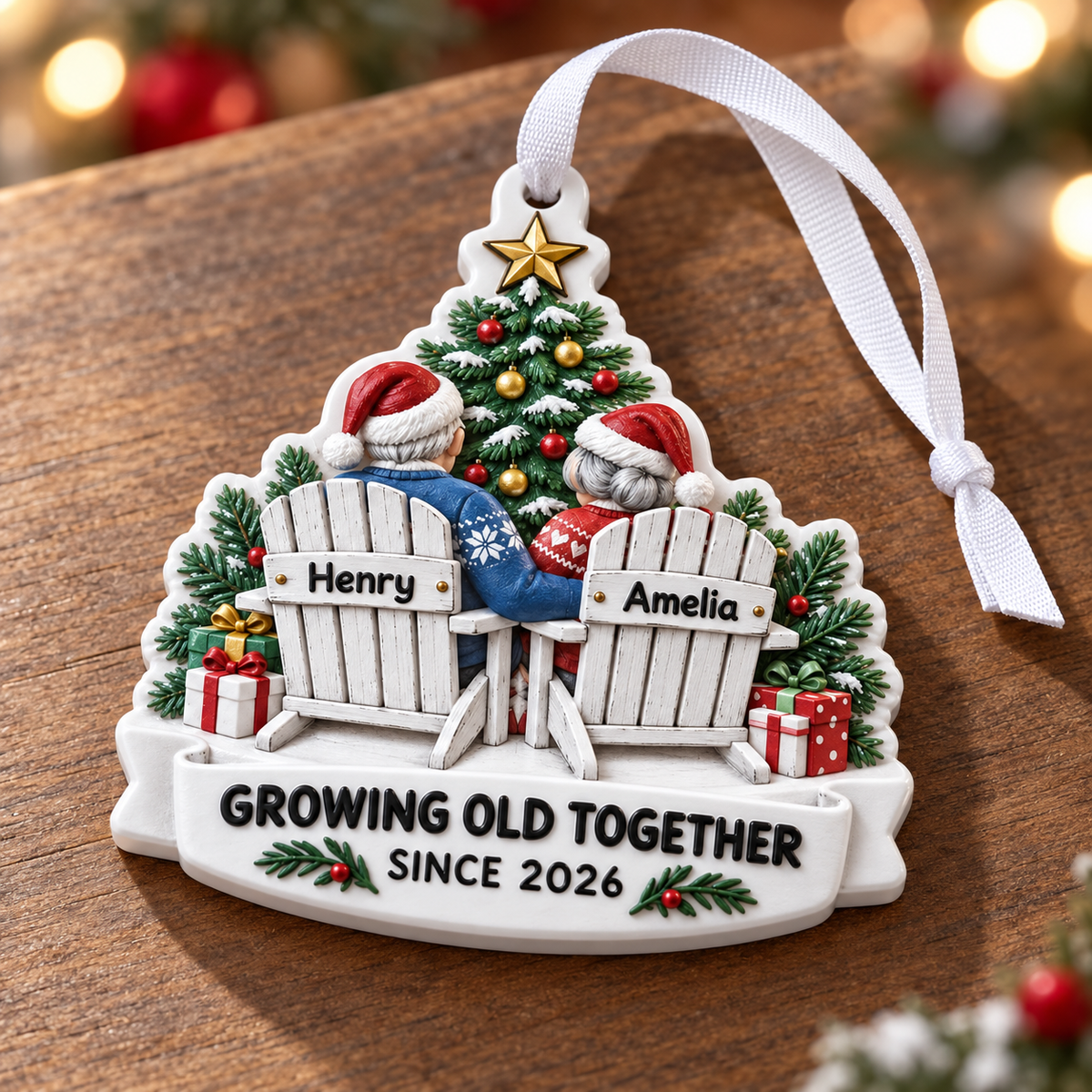 Christmas Tree Hanging Decor Growing Old Together Couple in Adirondack Chairs - 3D Relief Ornament