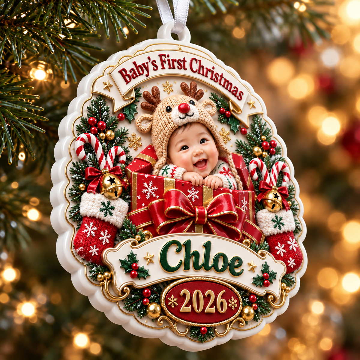 Baby's First Christmas Medallion Keepsake with Holiday Gift Box and Reindeer Hat - 3D Relief Ornament