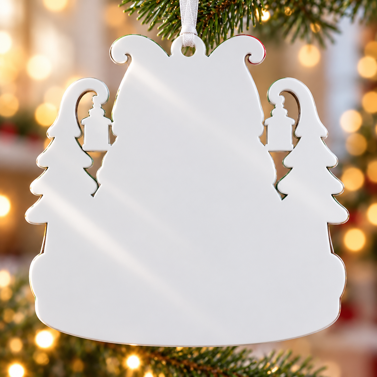 Snowy Woodland Pine Trees and Lanterns Winter Picture Frame - 3D Relief Ornament