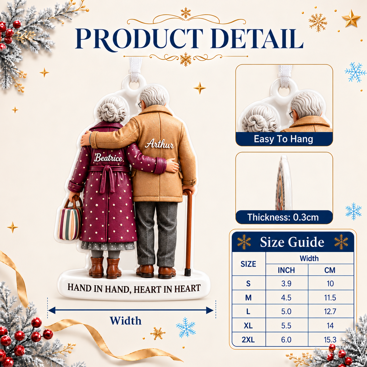 Grandparents Holiday Tree Keepsake, Elderly Couple Embracing Design - 3D Relief Ornament