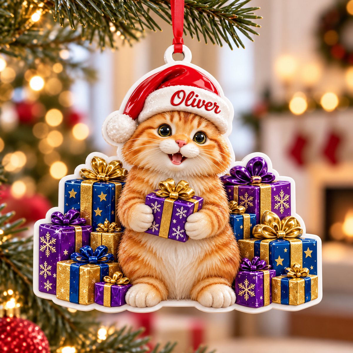 Ginger Cat in Santa Hat with Christmas Gift Boxes Acrylic Hanging Tree Decoration - 3D Relief Ornament