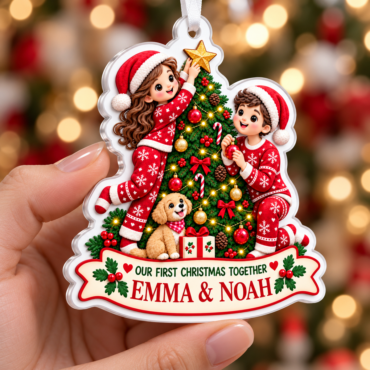 Couple with Puppy Decorating Christmas Tree Holiday Keepsake - 3D Relief Ornament