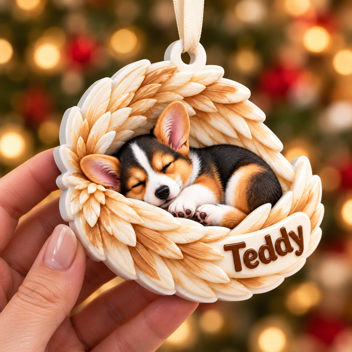 Sleeping Corgi Puppy with Angel Wings Hanging Holiday Keepsake - 3D Relief Ornament
