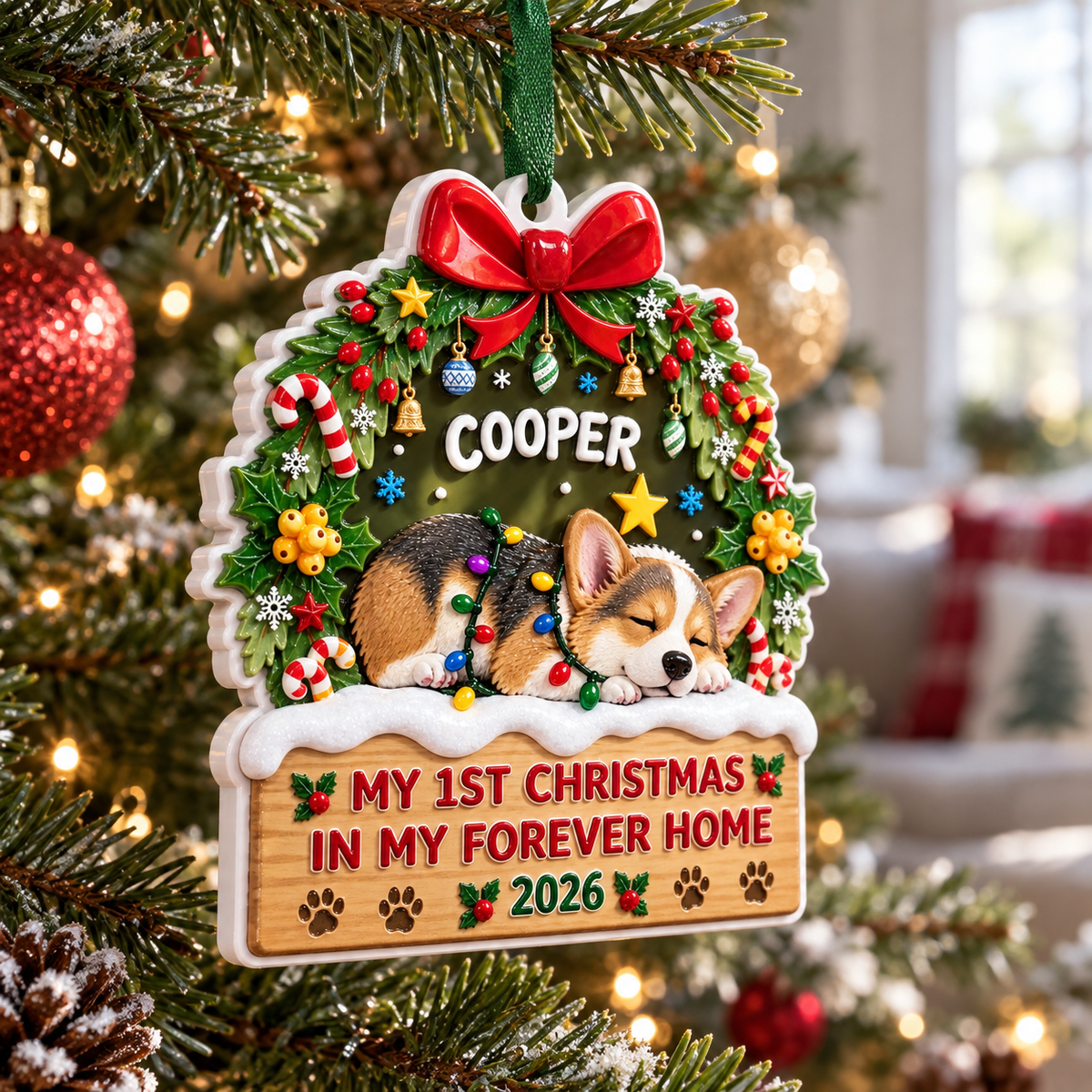 Sleeping Corgi Dog First Christmas In My Forever Home Holiday Plaque - 3D Relief Ornament