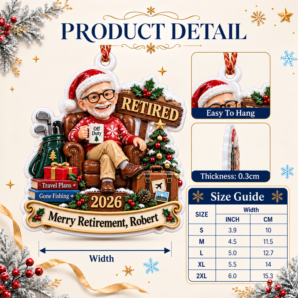 Retirement Christmas Holiday Tree Keepsake with Armchair and Golf Bag - 3D Relief Ornament