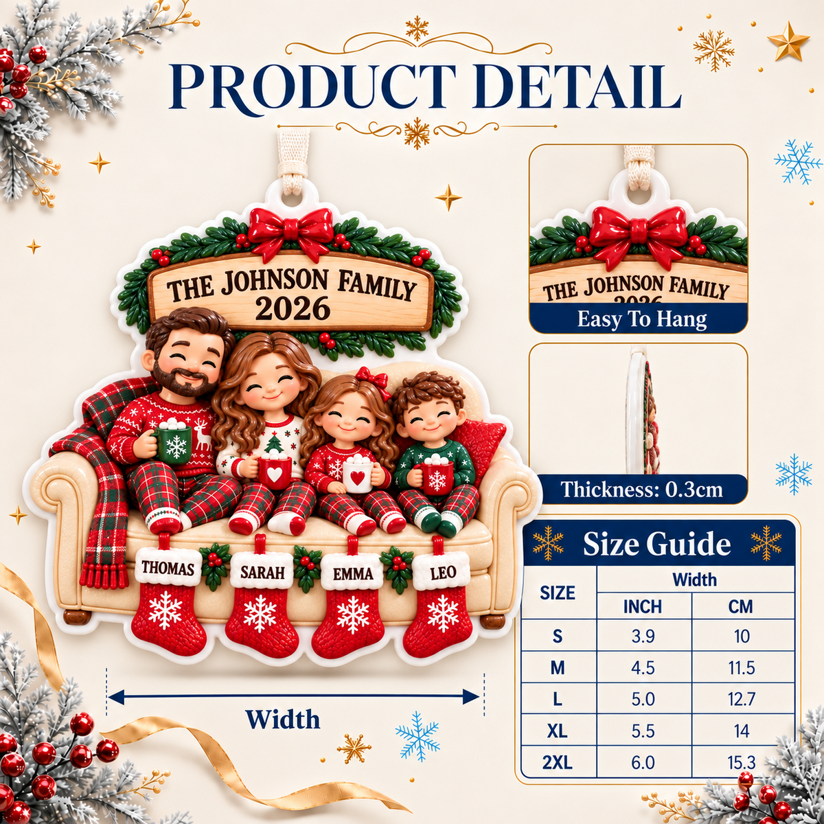 Family of 4 on Sofa with Christmas Stockings Holiday Keepsake - 3D Relief Ornament