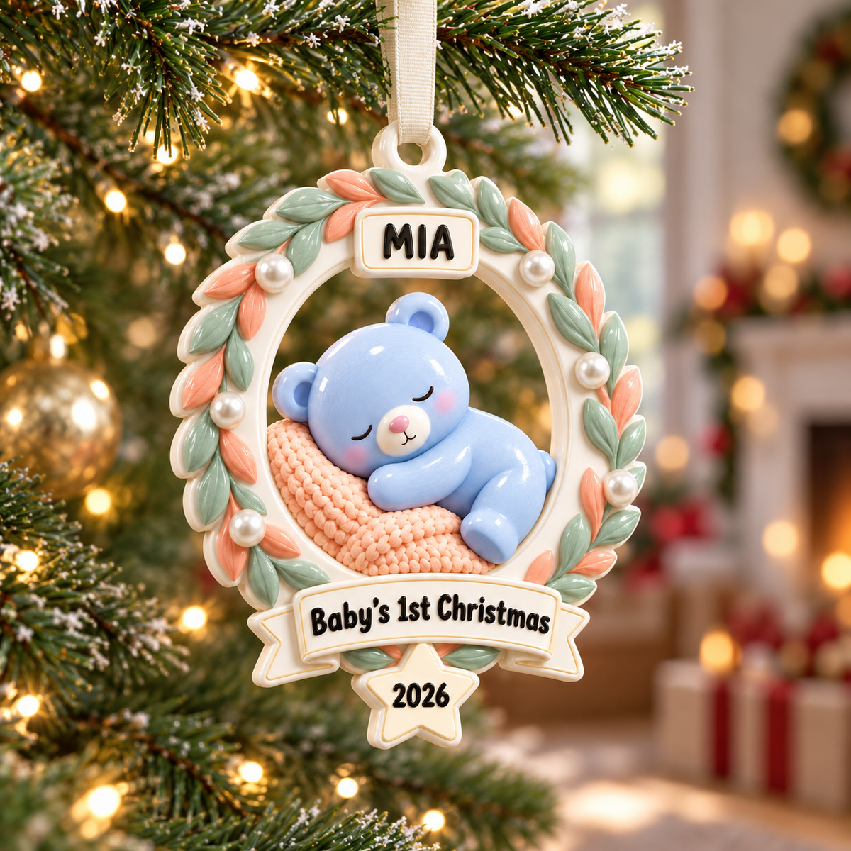 Baby First Christmas Round Picture Frame with Pastel Foliage Wreath - 3D Relief Ornament