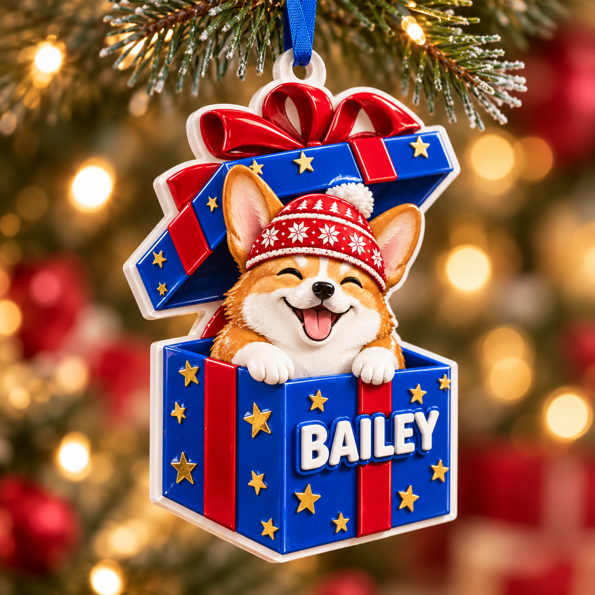 Corgi Dog in Blue Christmas Gift Box Holiday Tree Hanging Decoration - 3D Relief Ornament