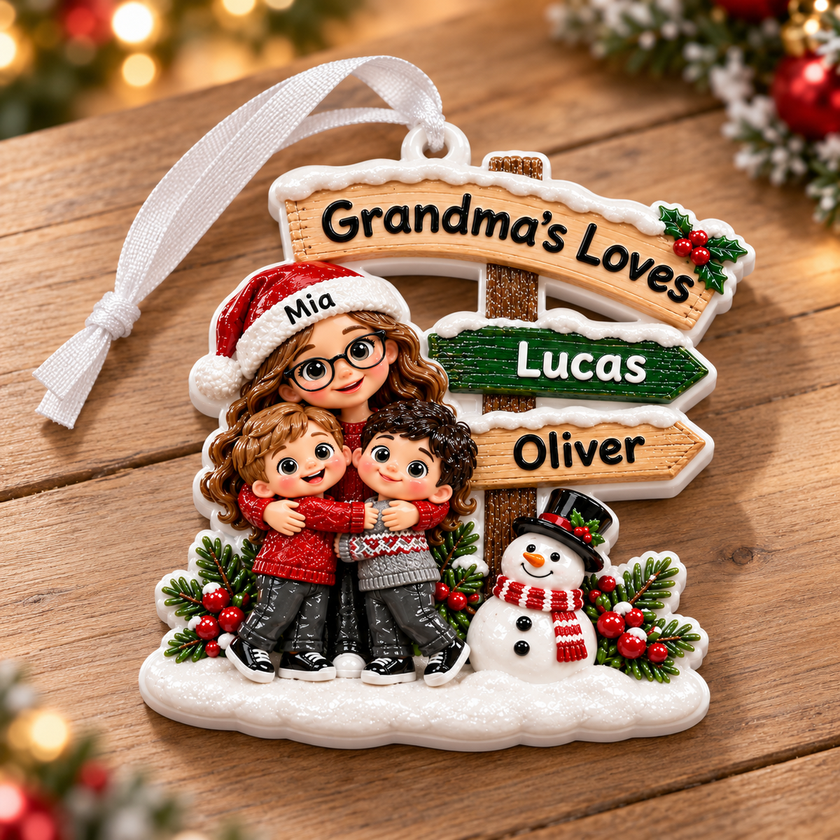 Grandma And Grandkids Directional Sign Winter Holiday Family Keepsake - 3D Relief Ornament