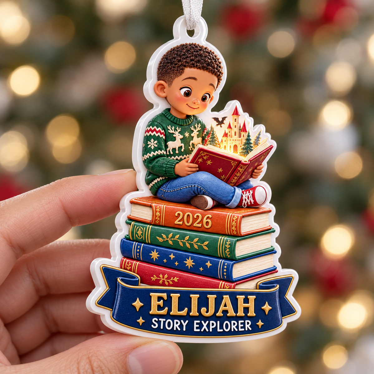 Boy Reading on Stack of Books Acrylic Holiday Keepsake - 3D Relief Ornament