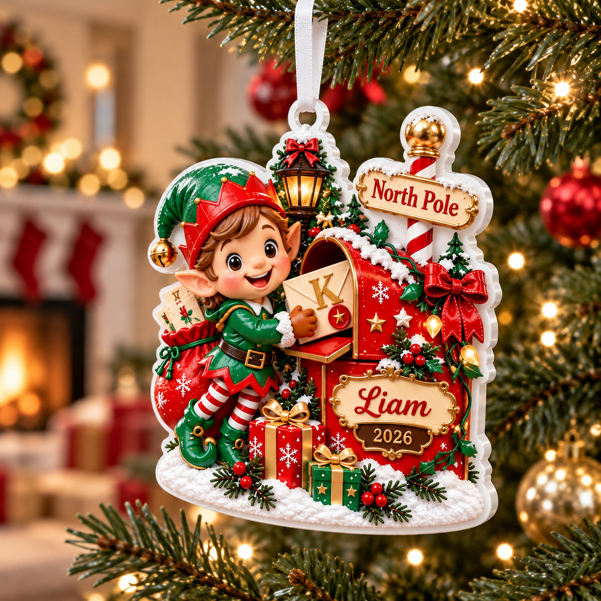 Christmas Elf at North Pole Mailbox Acrylic Holiday Keepsake - 3D Relief Ornament
