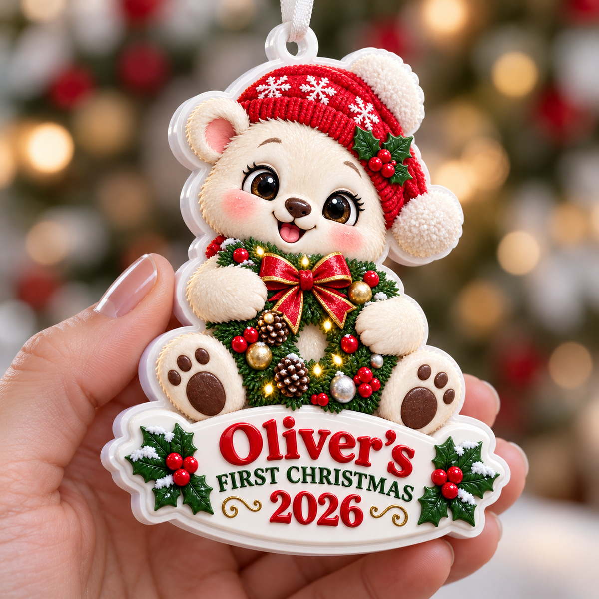 Baby Bear with Wreath First Christmas Acrylic Tree Hanging Keepsake - 3D Relief Ornament