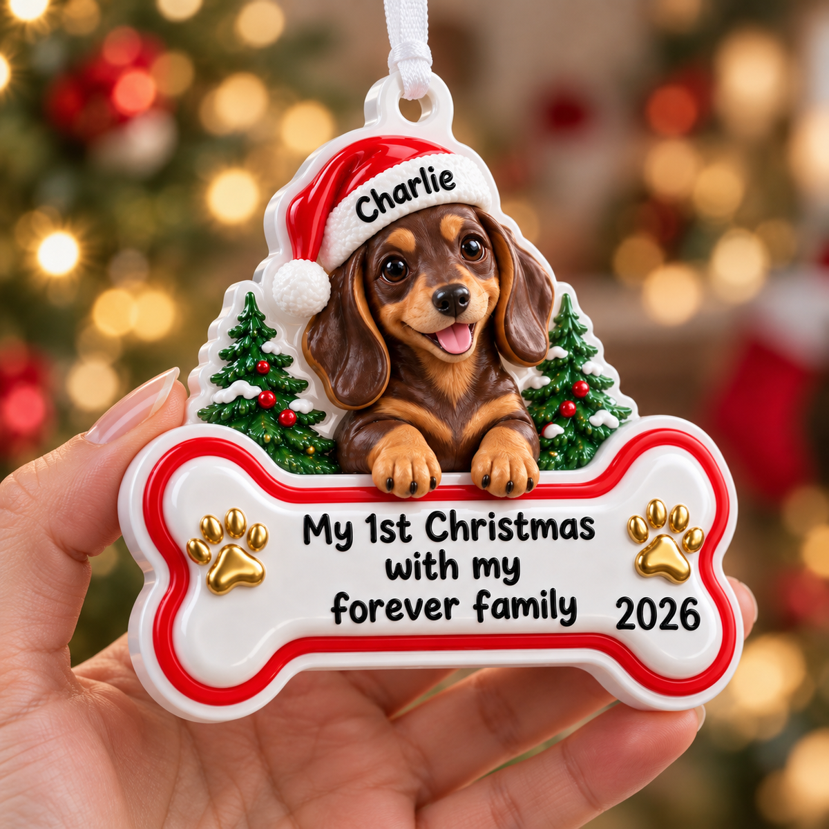 Dachshund Puppy First Christmas Dog Bone Hanging Holiday Tree Plaque - 3D Relief Ornament
