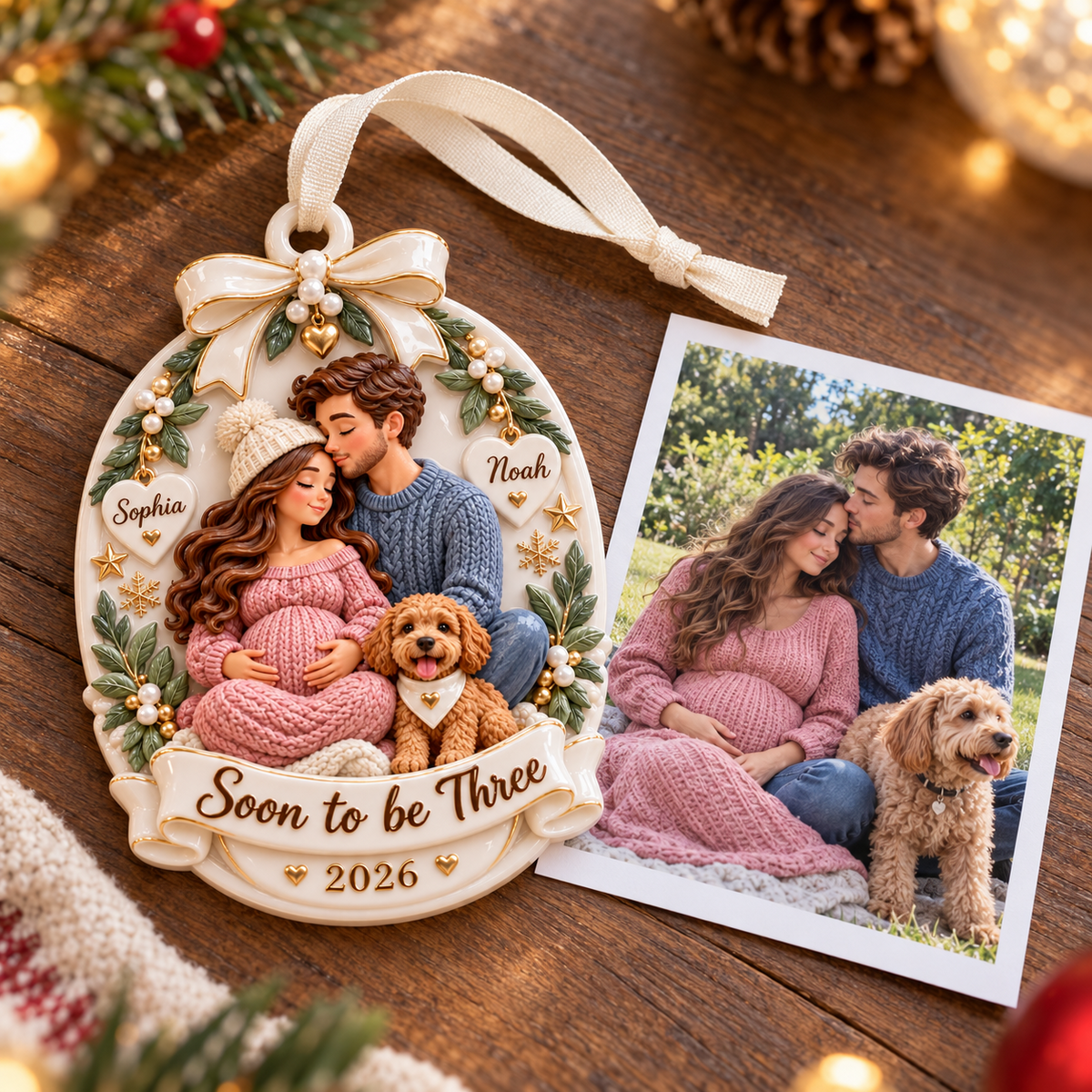 Expecting Couple with Dog Oval Keepsake Hanging Holiday Plaque - 3D Relief Ornament