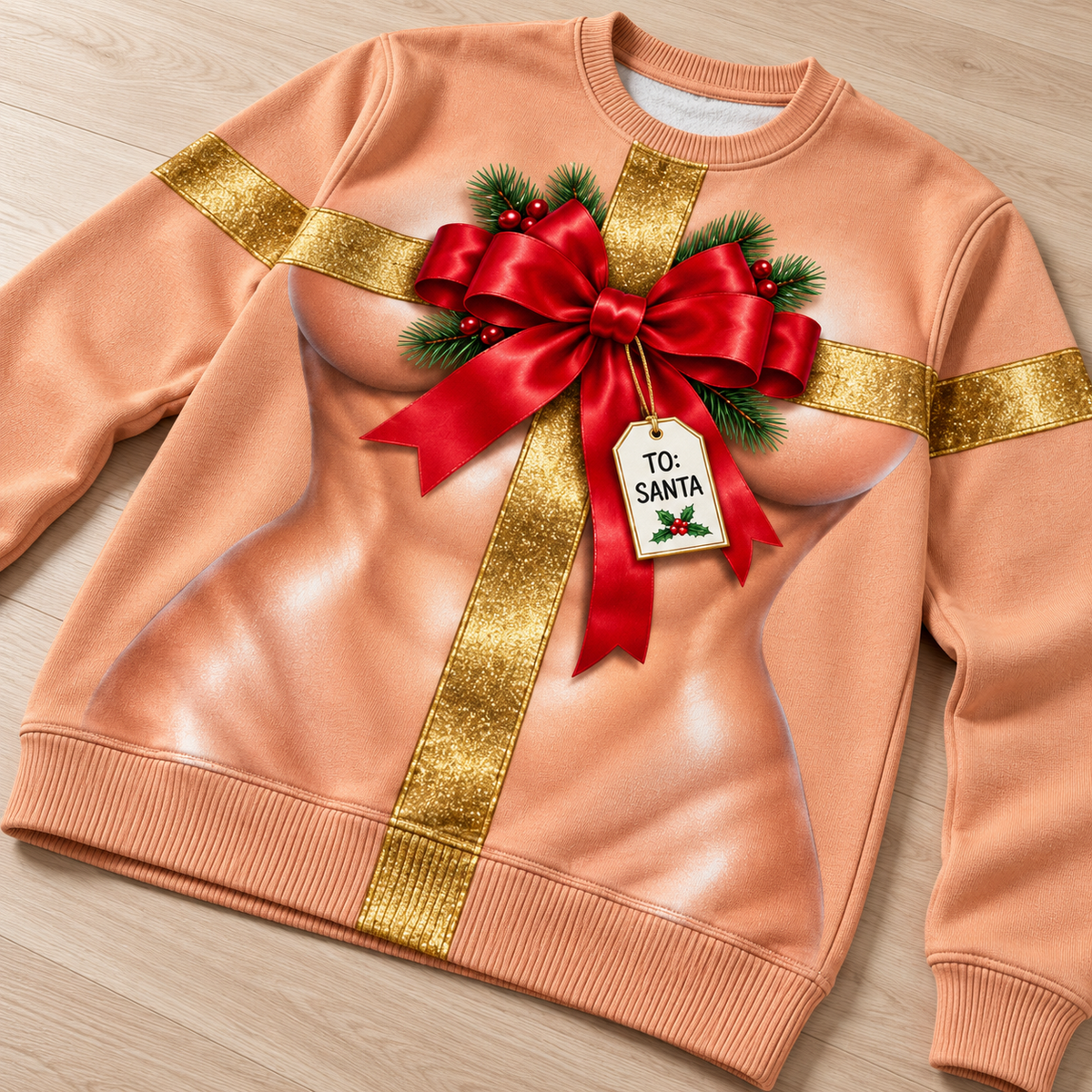 Funny Christmas Sweatshirt, Ribbon Bow Graphic Crewneck Pullover