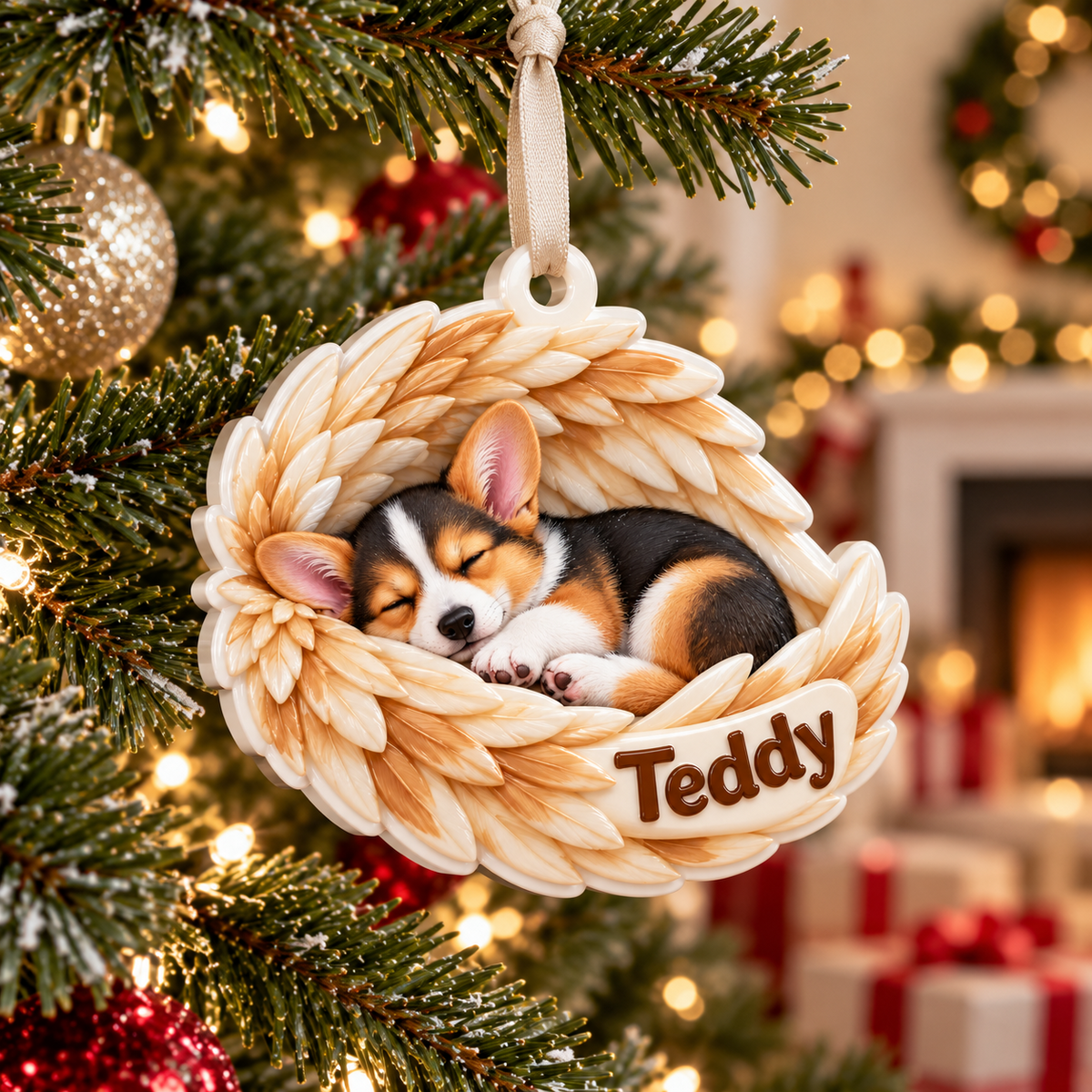 Sleeping Corgi Puppy with Angel Wings Hanging Holiday Keepsake - 3D Relief Ornament