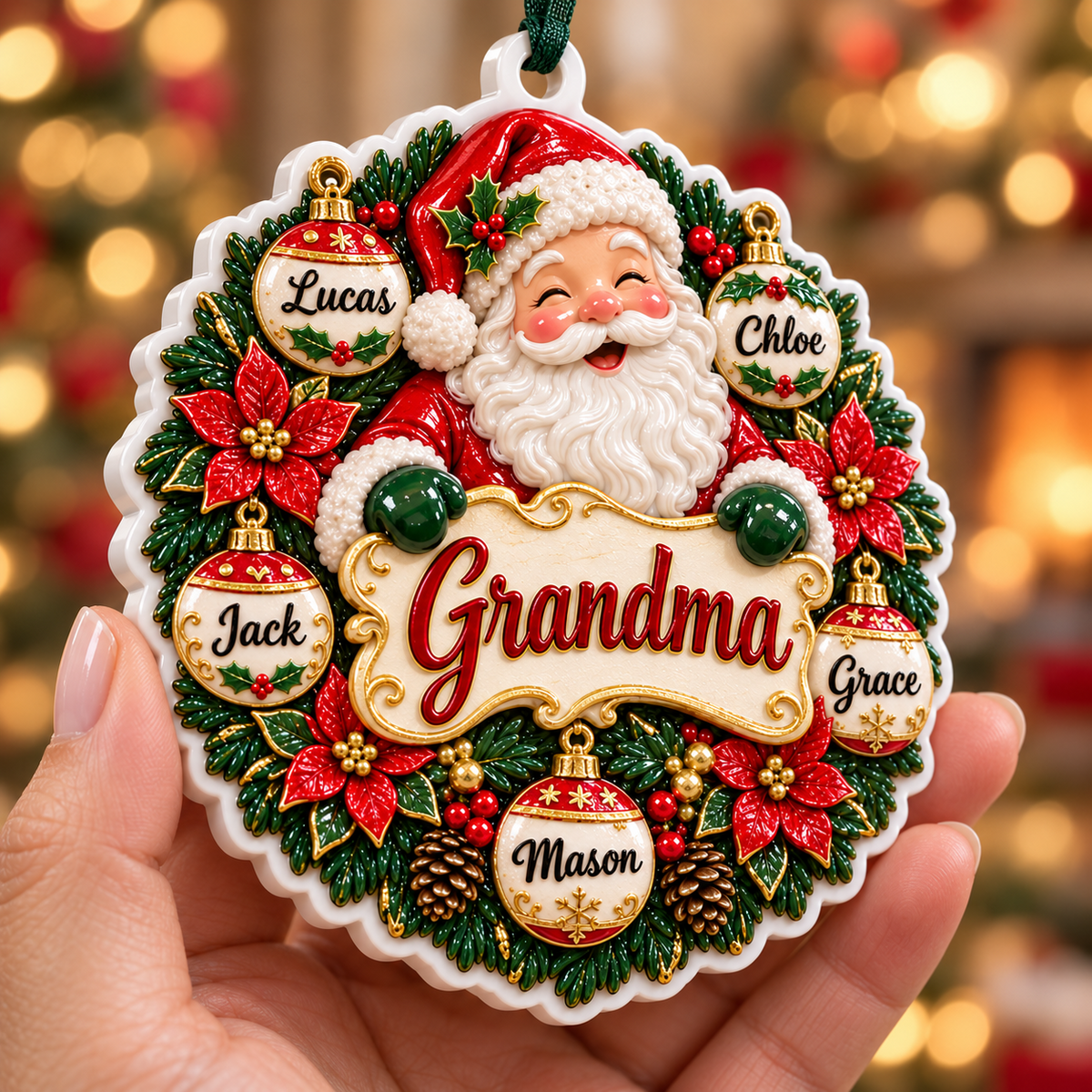 Scalloped Round White Tree Disc Acrylic Christmas Hanging Plaque - 3D Relief Ornament