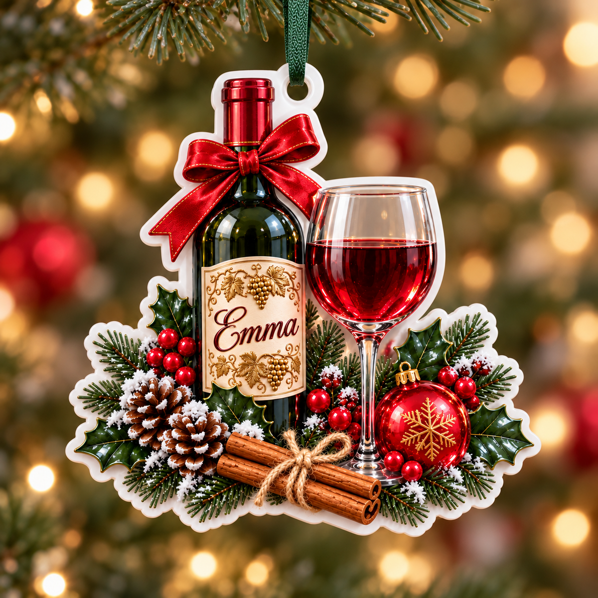 Red Wine Bottle and Glass Christmas Tree Holiday Decoration - 3D Relief Ornament