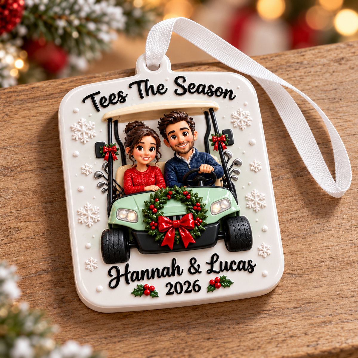 Golf Cart Couple Christmas Holiday Keepsake Plaque - 3D Relief Ornament