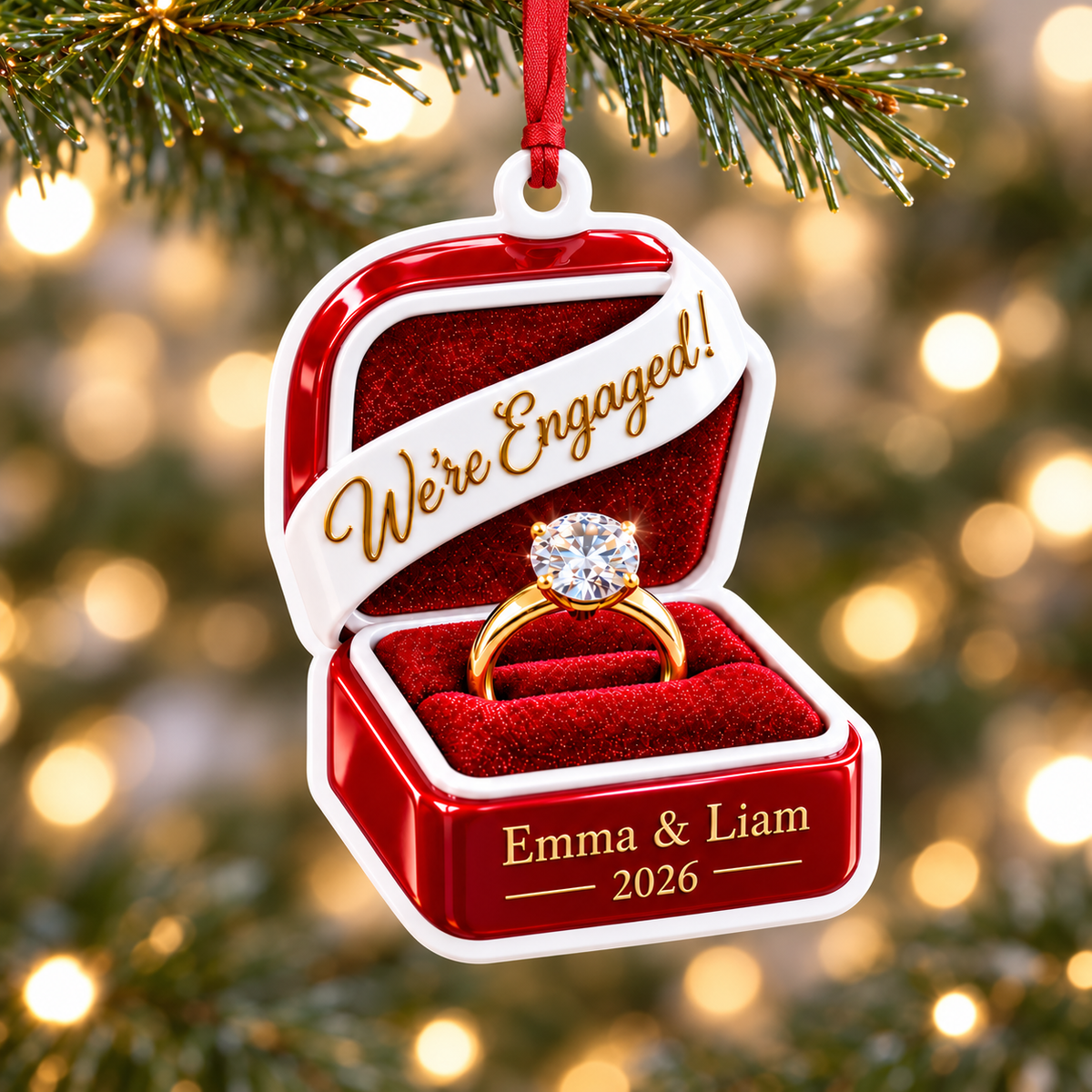 We're Engaged Red Velvet Ring Box Christmas Tree Keepsake - 3D Relief Ornament