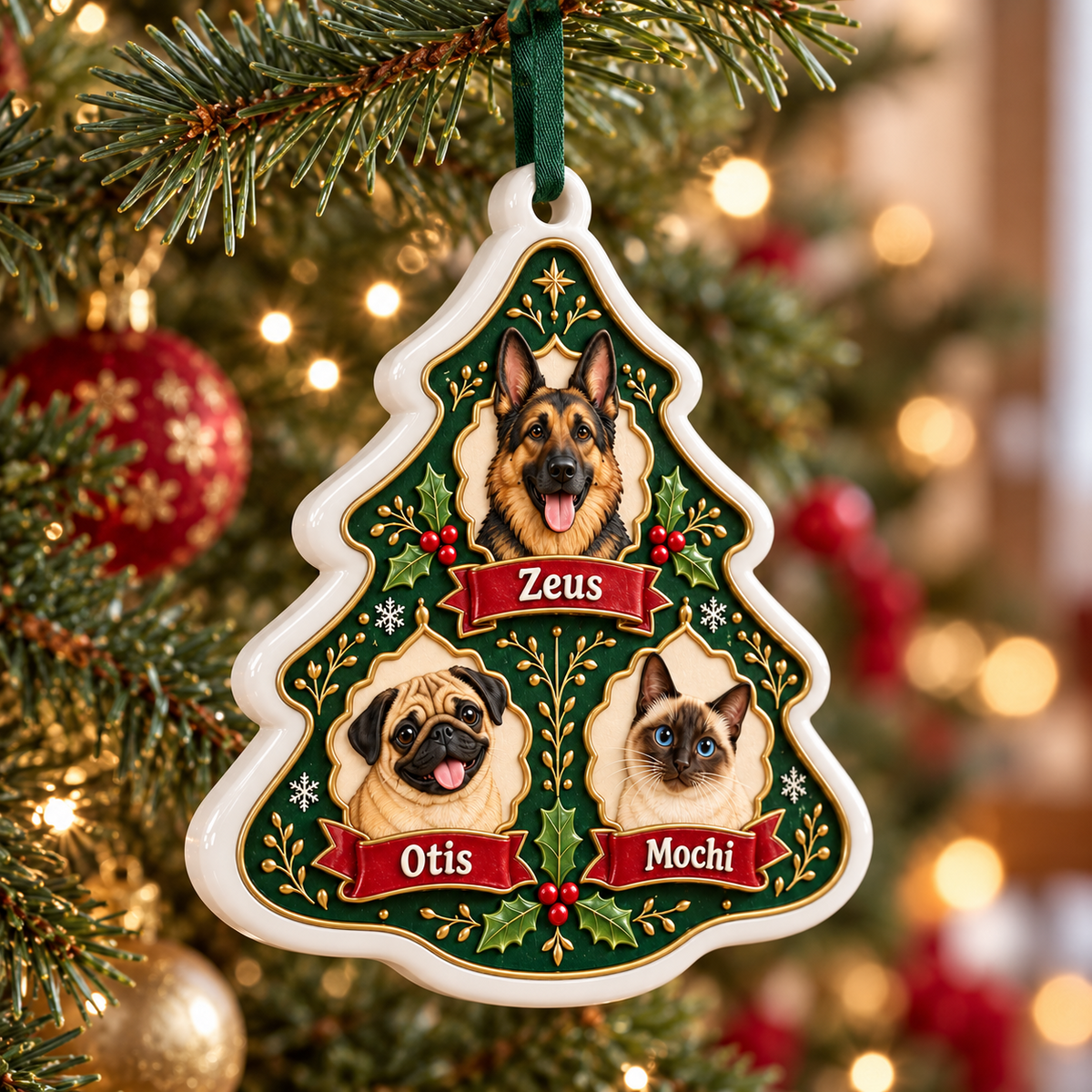 Christmas Tree Shaped Multi Pet Dog and Cat Ceramic Plaque - 3D Relief Ornament