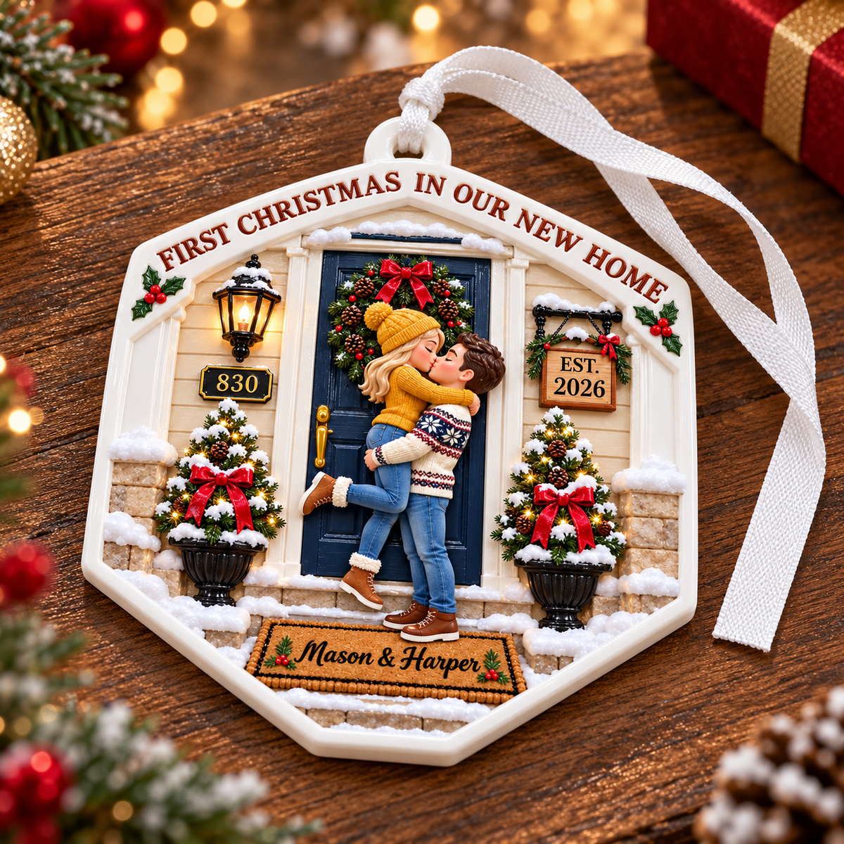 First Christmas in Our New Home Front Porch Couple Plaque - 3D Relief Ornament