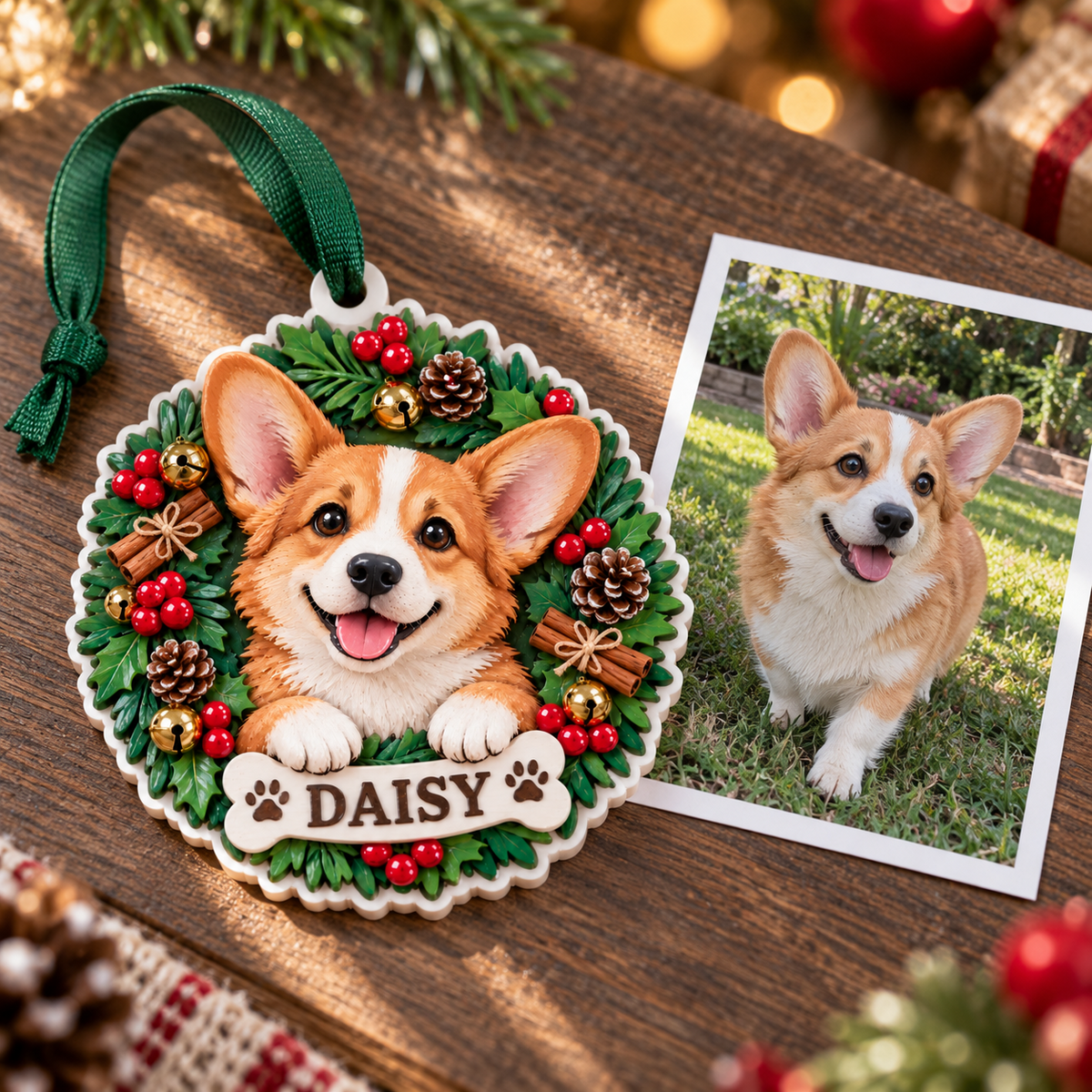 Pembroke Welsh Corgi Dog Holiday Pine Wreath Christmas Tree Hanging Decor - 3D Relief Ornament