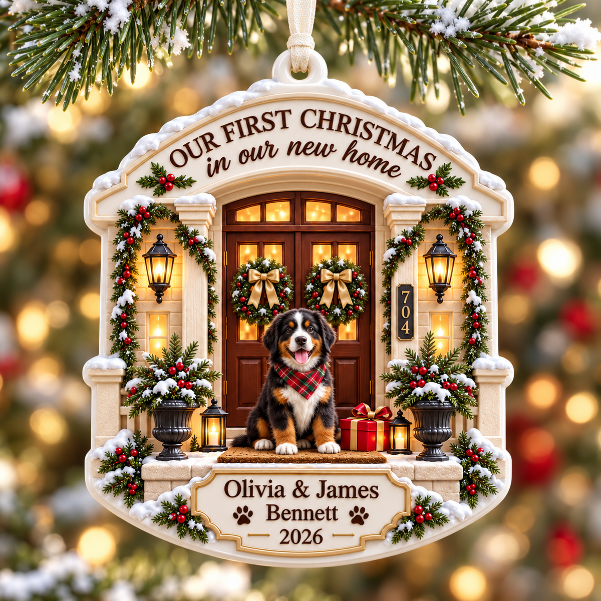 First Christmas New Home Front Porch Bernese Mountain Dog Hanging Keepsake - 3D Relief Ornament